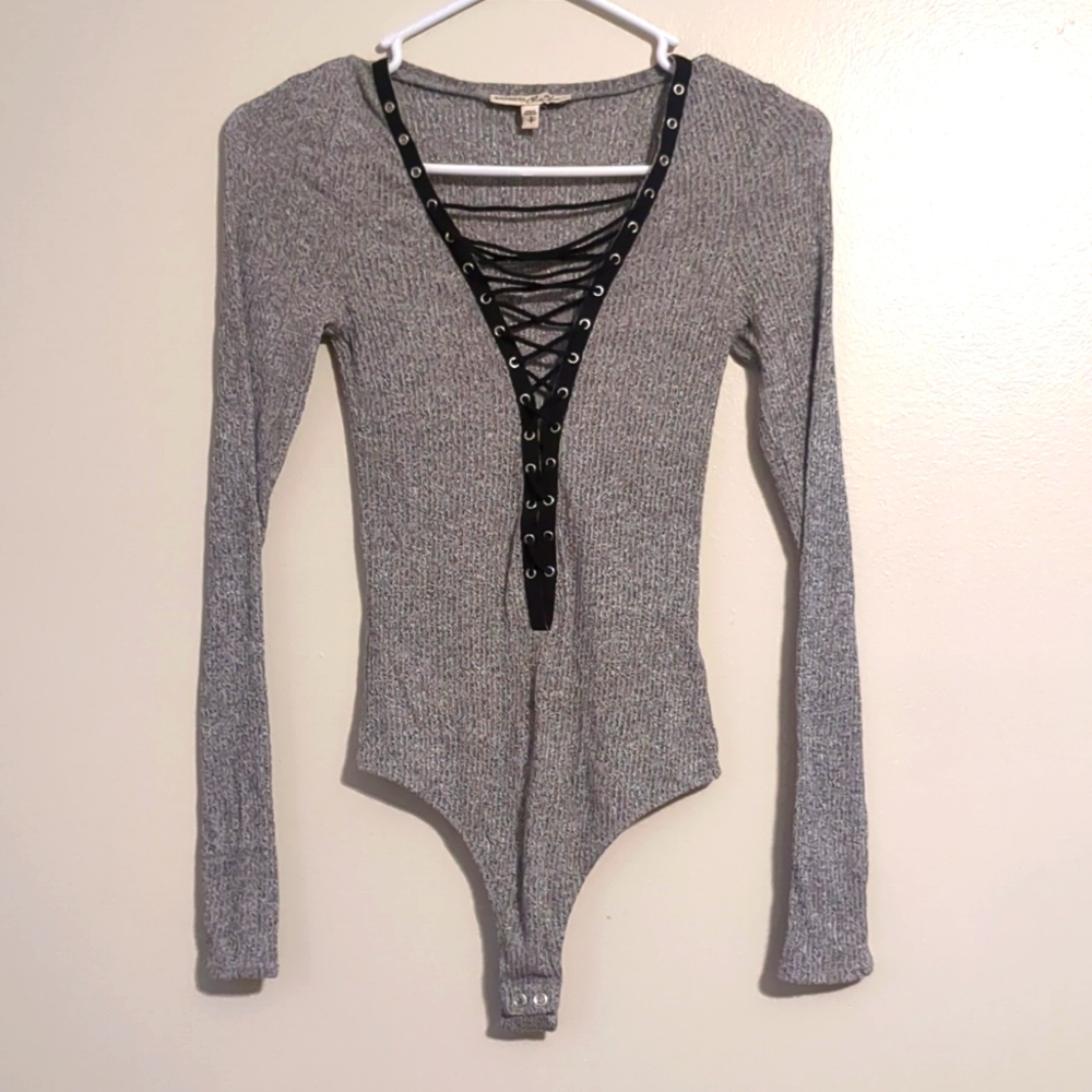 Express Heather Grey Criss Cross Low Cut Body Suit Small